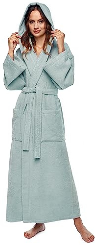 Damen Bademantel mit Kapuze, knöchellang, 100% Baumwolle Frottee, 380 g/m² | 2 Taschen und Bindegürtel – maschinenwaschbar, weich, saugfähig und schnell trocknend