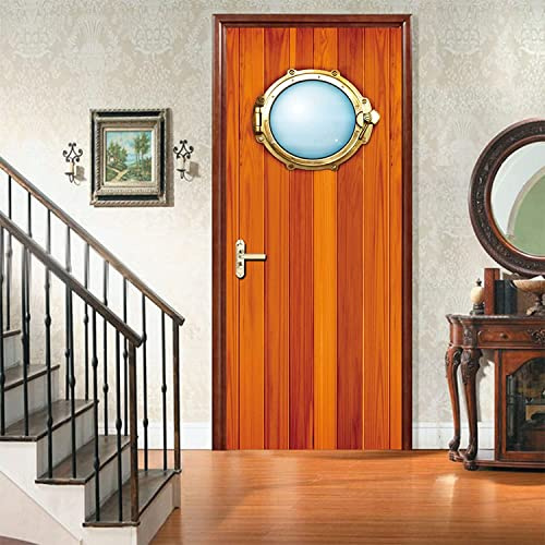 3D Pvc Adhesivo Ventana De Puerta De Madera Marrón Vinilos Puerta Pegatina Pared Murales Para Cocina Sala De Baño Decorativos 77X200 Cm - Decoración De La Foto Del Cartel De La Puerta