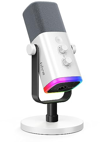 FIFINE XLR/USB Gaming Microphone for Streaming Podcasting, PC Computer RGB Mic, with Gain Knob, Mute Button, Monitoring Jack, Gamer Mic for Recording Video Creation-AmpliGame AM8 White