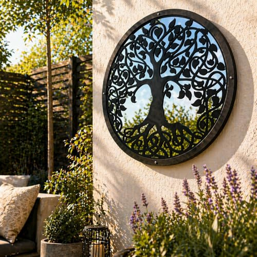 Tree of Life Round Garden Mirror – Acrylic SunCatcher Outdoor Wall Mirror – Decorative Patio, Balcony & Indoor Feature – Weather Resistant – 50cm / 19.6 inch diameter – Made in UK