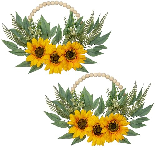 Oairse 2pcs Artificial Sunflower Flowers Wreath Spring Summer Floral Wreath Wood Beads Wreath with Yellow Sunflower, Green Eucalyptus Leaves for Front Door Window Wall Wedding Farmhouse Decor