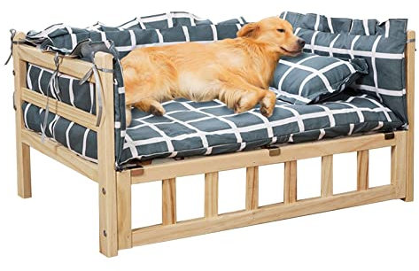 Hundebett Grau Kariertes Hochbett für Hunde mit Matratze ＆ Kissen, Große Orthopädische Relief-Haustiercouch aus Holz mit Zaun, für Zuhause, Outdoor, Hof (Color : Style1, Size : S-54x39x38cm/21x15x15