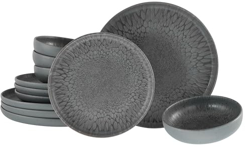 CreaTable, 21621, Uno Volcano Series, 12-Piece Crockery Set, Stoneware Plate Set, Dishwasher and Microwave Safe, Made in Portugal, Charcoal