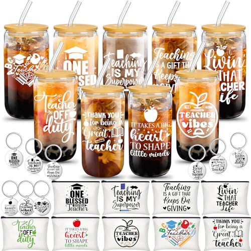 Maxcheck 27 Pcs Teacher Appreciation Gift Set Teacher Gift Bulk 9 Pcs 16oz Glass Cups with Lid Straw 9 Rainbow Makeup Bag 9 Keychain(Teaching)