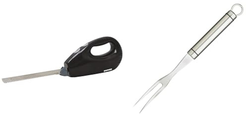 Daewoo Electric Carving Knife, Cuts Effortlessly Through Meats And Frozen Foods With Durable Twin Blades, Black & KitchenCraft KCPROMF Professional Meat Serving Fork, Stainless Steel, 25 cm, Silver