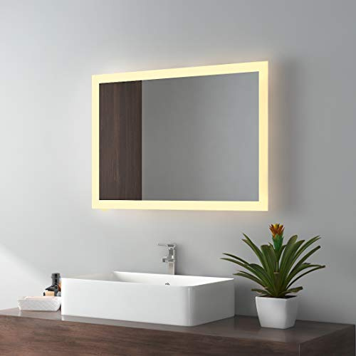 EMKE Badspiegel mit Beleuchtung 70x50cm, 3000K warmweißes Licht | LED-Badezimmerspiegel ohne Schalter, vertikale oder horizontale Montage, IP44 Schutz, moderner Wandspiegel