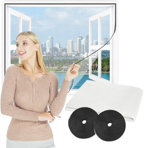 Flintronic Fliegengitter Fenster, Flammhemmendes Fiberglas Fliegengitter 150 x 180 cm, Schneidbar Insektenschutz Moskitonetz, mit 2 Rollen Klettverschluss, DIY Insektengitter ohne Bohren(Weiß)