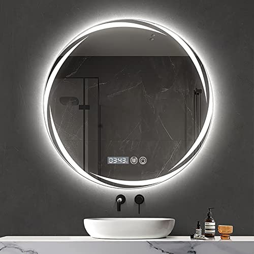 LED-Badezimmerspiegel zur Wandmontage, intelligenter Badezimmerspiegel mit Demister-Pad, Ringlicht-Spiegel mit 3 farbigen Lichtern, Zeit für Schminktisch, Badezimmer oder Schlafzimmer