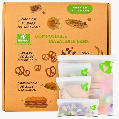 Biofuture Sacchetti per alimenti richiudibili, biodegradabili, compostabili certificati EN13432, mantengono il cibo fresco con il nostro PLA a base vegetale rinnovabile, ideali per il compostaggio