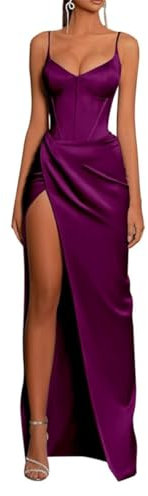 Vestido de dama de honor de satén para mujer, cuello en V, vestido formal de fiesta de noche para invitados de boda con abertura, fucsia, 56 Grande