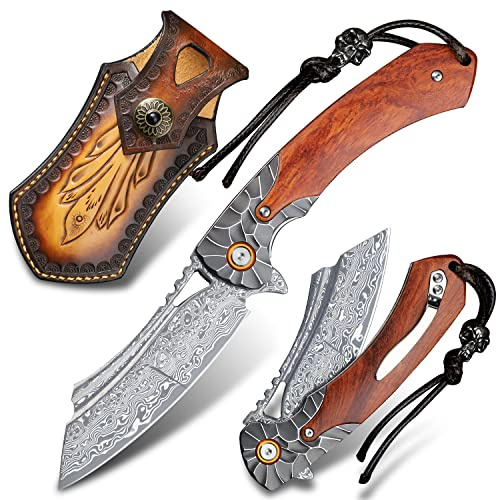 ALVELY Herren Taschenmesser Damaszener Stahl Handgefertigtes Klappmesser，3.5 in Klinge Palisander Griff，mit Lederetui ，Liner Lock Stahl Kugellager，Taschenclip ，EDC Camping Outdoor Survival Messer