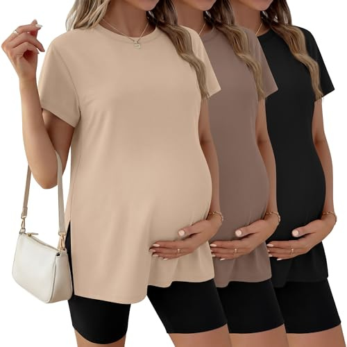 Ficerd, Confezione da 3 Magliette Premaman da Donna, Manica Corta, Spacchi Laterali, Casual, Girocollo, per Gravidanza(Nero, caffè, Albicocca,M)