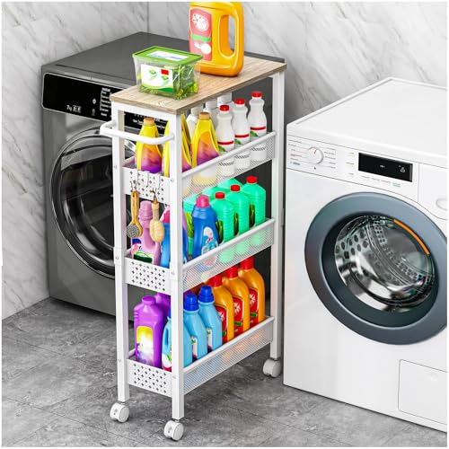 OrderlyGo Küchenwagen Schmal 4 Ebenen Mit Rollen Und Holzplatte Weiß | Servierwagen mit Griff, Metallgestell, kleine Räume, Bad Wohnzimmer, platzsparend, mobil