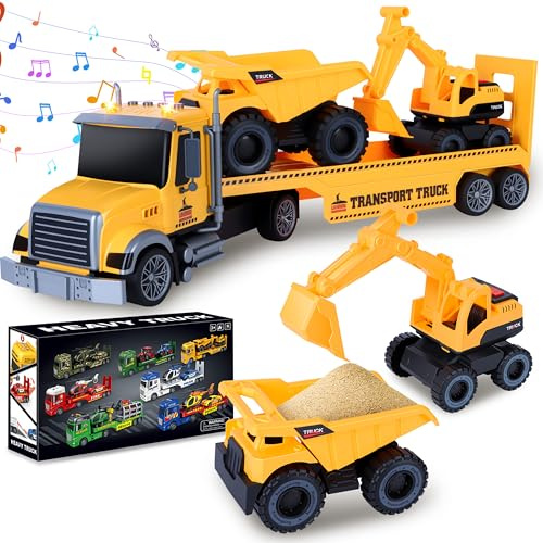 Charmofun Feuerwehr Lastwagen Spielzeug, Groß LKW Spielzeug, Feuerwehr Abnehmbar Anhänger mit Hubschrauber, Autotransporter Geschenk für Kinder Jungen 3+ Jahren (Gelb)