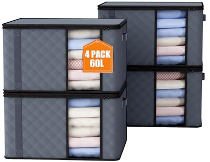 4 Stück 60L Aufbewahrungstasche, Aufbewahrungsbox mit Deckel, Große Kleideraufbewahrung Umzugskartons, Faltbare Aufbewahrung Boxen für Bettdecken Decken Kleidung Unterbett Kleiderschrank