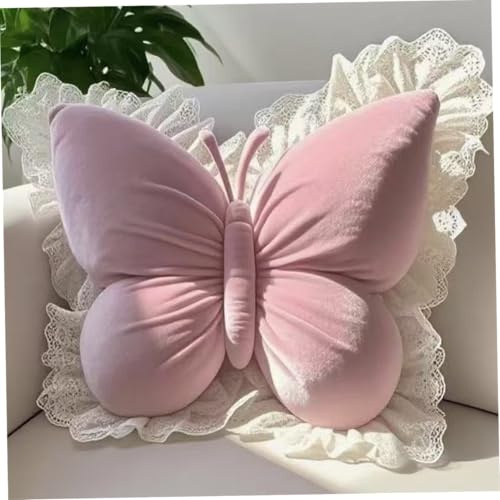 Obelunrp Almohada de Mariposa, Almohada en Forma de Mariposa de 50x45 cm con Borde de Encaje, Almohadas de Tiro Suave, Cojines Decorativos para Decoraciones de la Cama del sofá sofá