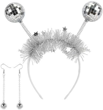 XDGBGFN discokula hårband silver alien hårband med discokula örhängen discotillbehör för 70-talet 80-talet cosplay, karneval, temafest, maskerad
