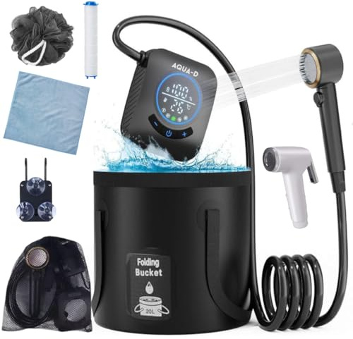 AQUA-D Portable Shower Kit, Upgraded Pump 8000mAh With 20L Foldable Bucket, For Camping, Car Wash, Pet Wash, Travel, Garden Water - Free Filter, Loofah, Face Towel And Small Shower Nozzle