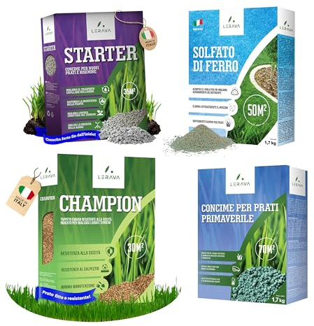 LERAVA Prato Bundle Completo CHAMPION (30-35 m²) - Semi Prato Resistente con Concimi Primavera Autunno e Antimuschio - Kit Cura Verde Intenso