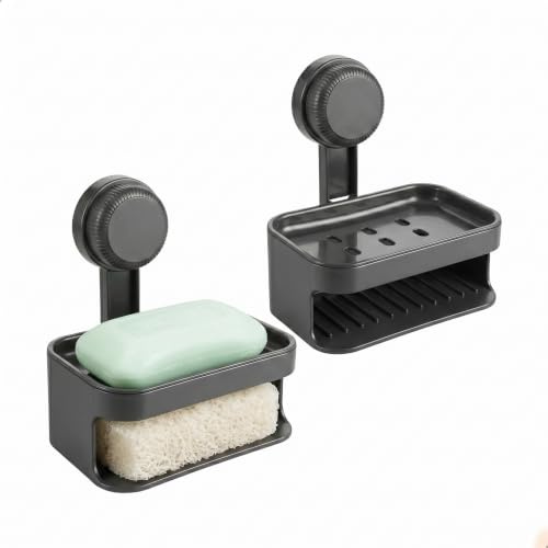 Seifenschale Ohne Bohren Seifenablage Dusche,2 Stück Seifenhalter Wand,Doppelstöckiger Seifenschalen mit Saugnapf für Badezimmer Küche,Wiederverwendbar Hohe Tragfähigkeit(Grau)