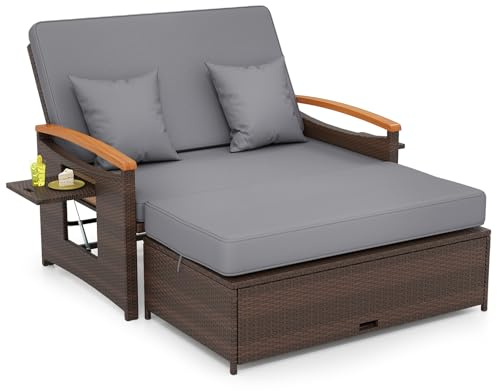 GIANTEX Lounge Möbel Outdoor, Gartensofa mit Liegefunktion, Balkonmöbel Kleiner Balkon, Outdoor Sofa, Rattan Lounge Sofa, Gartenlounge mit Stauraum, Garten Doppelliege 2 Personen, Rattan Daybed Garten