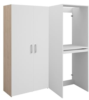 Vente-unique - Meuble pour Machine à Laver et séche-Linge avec Colonne Double Porte - Naturel Clair et Blanc - L156 x H184 cm - ERKANO