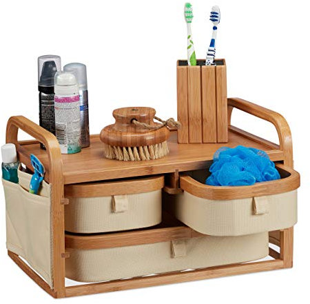 Relaxdays Cómoda de baño, Tres estantes, Cajonera pequeña, Organizador de Maquillaje, Bambú, Tela, Estilo rústico, Marrón, 19 x 34 x 23 cm
