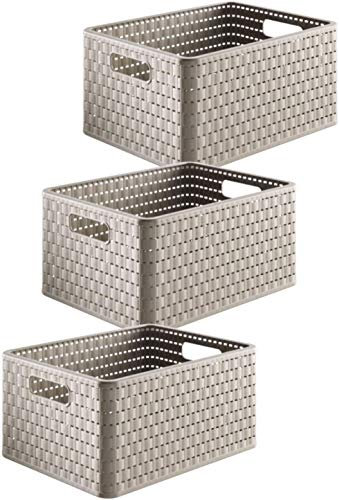 Rotho Country 3er-Set Aufbewahrungskiste 18l in Rattan-Optik, Kunststoff, beige