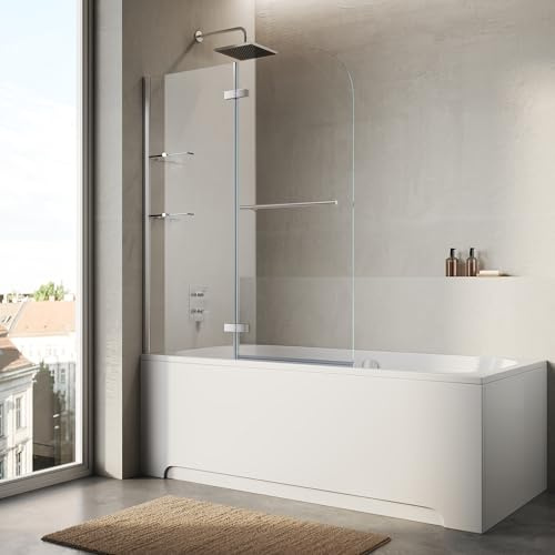 SONNI Duschwand für Badewanne, R12-120x140 cm, 6 mm Nano, mit Glasablage | Nano-Beschichtung für leichte Reinigung, Glasablage und Handtuchhalter, rahmenloses Design, platzsparend faltbar