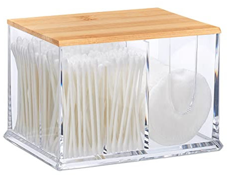 Relaxdays Wattestäbchen Aufbewahrung, Acryl, Bambus, Box mit Deckel, Kleiner Ohrstäbchen Spender Bad, transparent/Natur