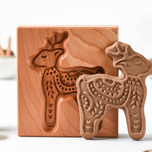 MOTEERLLU Moules à biscuits en bois sculpté - Presses à gaufrer - Tampons en pain d'épices pour la cuisine, le bricolage et les réunions de famille (cerf)