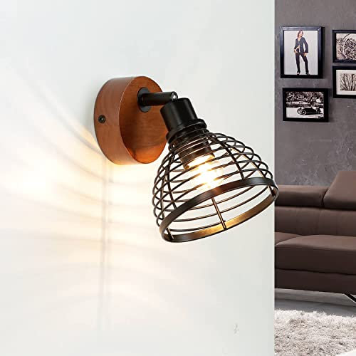 Licht-Erlebnisse Lampada da parete con braccio dal design retrò Faretto Spot regolabile in legno e metallo E14 ideale per camera da letto, soggiorno
