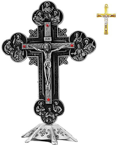 Jesus Altar Table Cross,Religious Crucifix Wall Decor with Stand,Metal Christian Wall-Mounted Ornament for Prayer,Catholic Ornaments