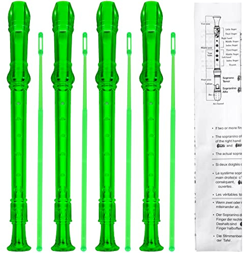 SANNIX 4 Pack 8 Hole Plastic Soprano Descant Recorder Instrument for Kids Beginner Eastar Recorder With Cleaning Rod, Instruction and Storage Bag, German Style (Clear Green)