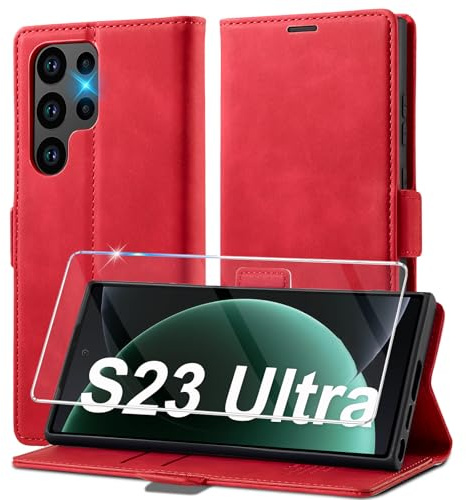 Handyhülle für Samsung Galaxy S23 Ultra Hülle Leder [Mit S23 Ultra Schutzfolie] für Samsung S23 Ultra 5G Hülle Klappbar Leder Flip Wallet, Stoßfeste Case Klapphülle für Samsung S23 Ultra 5G