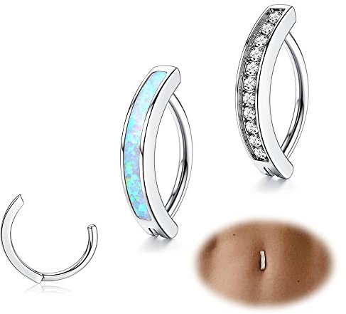 JeryWe 2stk 14G Clicker Piercing Bauchnabel für Damen Frauen Edelstahl Bauchnabelpiercing CZ Opal Körperschmuck Reverse Curved Nabel Barbell Schmuck Silber 12mm