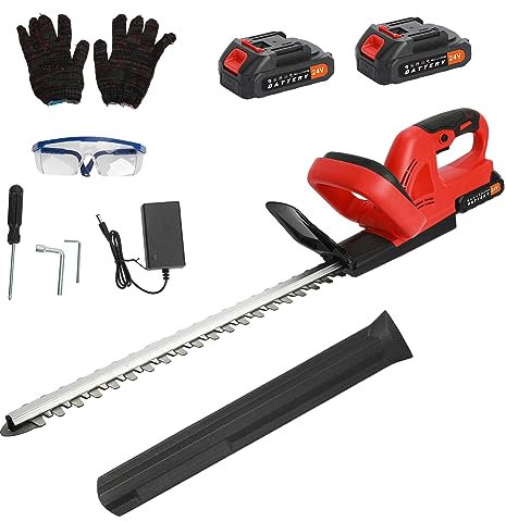 Taille-haie électrique sans fil alimenté par batterie avec 2 batteries rechargeables, chargeur, gants et lunettes de sécurité, sécateur portable pour le jardin (rouge)