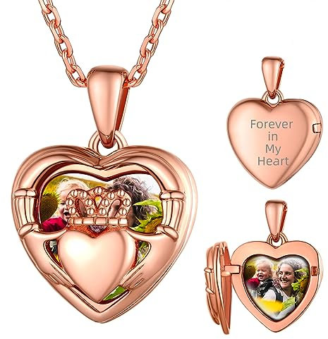 Supcare Öffnen Medaillon Damen Irischen Claddagh S925 Medaillon zum Öffnen für Bilder Herz Rosegold Fotokette 56cm Locket Necklace Halskette mit Anhänger Amulett Personalisiert Schmuck für Party
