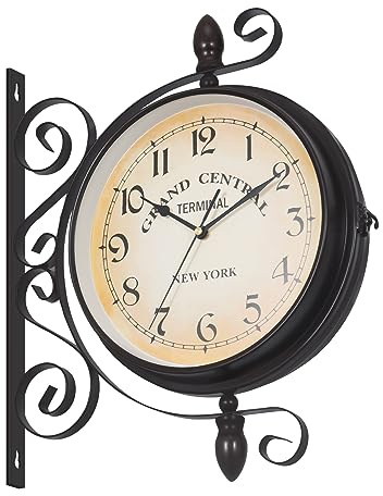 H-YEEH - Orologio da stazione, doppio lato, colore: caffè, orologio da parete vintage per esterni, 44 x 37 cm, orologio da parete retrò, numero orologio da parete in ferro, orologio da parete con