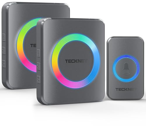 TECKNET Wireless Doorbell, IP65 Waterproof Twin Plug-in Door Bell, Grey | Cordless Door Chime Kit, 400M/1312FT Long Range, 60 Chimes, 120dB Loud 5-Level Volume & RGB Light, Plug in Door Entry Bell