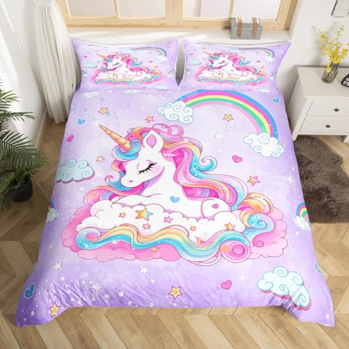 Feelyou Unicorn Bedding Set Twin Size Kids Rainbow Cloud Comforter Cover Set for Boys Girls Teens Dreamy Horse Printed Duvet Cover Purple Galaxy Magical Animal Decor Bedspread Cover Room Decor