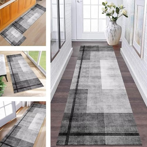 Abstrakte Läufer Flur Küche Waschbar rutschfest Korridor Teppichmatten 50X80CM Grau Schwarz Lang Küchenteppich Flurteppich Läufer Schlafzimmer Esszimmer Polyester Teppichläufer Meterware Anpassbar
