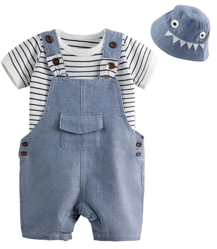 Volunboy Completi Estivi Bambino, Unisex Set di 3 Maglietta a Maniche Corte e Salopette Dinosauro con Cappelli Carino Abito Neonato Tuta