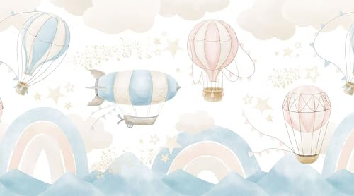 UNIK Nordic Vliestapete, BxH 450x280 cm, Ballons Aquarell Rosa/Blau, Tapete Heißluftballon, Fototapete Baby- und Kinderzimmer, XXL Kindertapete in Pastell Farben, Regenbogen Motiv, Made in Germany