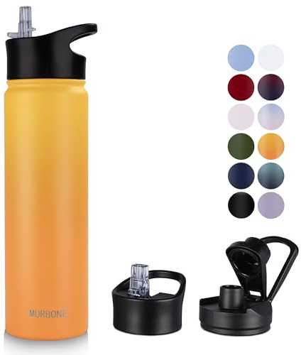 MURBONE Insulated Water Bottle, 750ml Stainless Steel Drink Flask with Straw, BPA Free, 2 Lids (Straw Lid and Spout Lid), Leakproof Double Walled Vacuum Water Bottle, Orange Gradient
