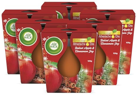 Air Wick Wohlfühl-Duftkerze im Glas – Duft: Baked Apple & Cinnamon Joy – Je bis zu 20 Stunden Brenndauer – Enthält natürliche ätherische Öle – 6 x 105 g Duftkerzenset
