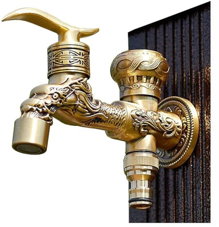 SXWYLZ Wasserhahn Outdoor Garten Vintage Doppel auslaufhahn 1/2 Zoll Messing Wetterhahn für Garten Doppelwasserhahn Wandmontage Kaltwasser
