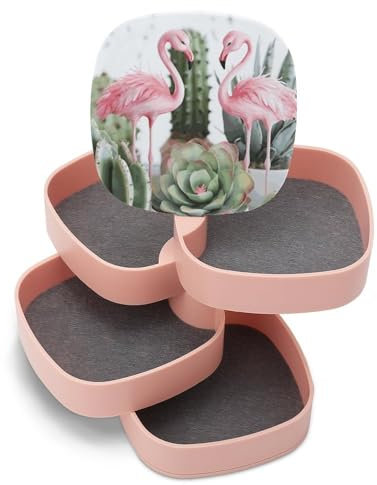 EKYOSHCZ Jewelry Organizers Flamingo Succulent Plants Rotatable Jewelry Boxes 4-Layer Earring Holder for Women Travel Jewelry Case Organizer Tray for Rings Bracelets Necklaces Earrings Gifts