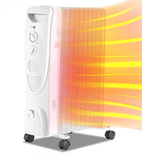 Fiqops Radiatore ad olio, 2500 W, a risparmio energetico, con 11 nervature, 3 livelli di riscaldamento, termostato elettrico, protezione da surriscaldamento, funzione di spegnimento di sicurezza,