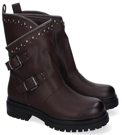 Stivali da donna con borchie, stile motociclista, suola dentata, design moderno, chiusura con cerniera e fibbie decorative, chiusura a zip., marrone, 37 EU